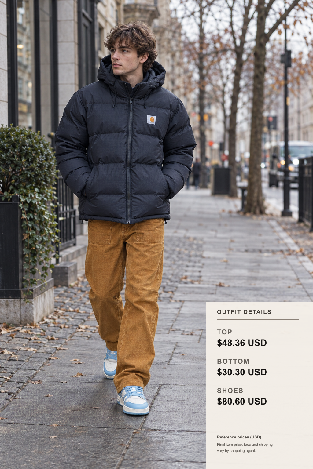 Carhartt WIP hooded puffer jacket styled with brown cargo pants and blue-and-white trainer-style sneakers in a full-body winter street-style outfit for fashionreps