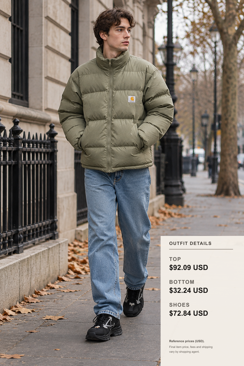 Carhartt cotton-fill puffer jacket styled with blue straight-leg jeans and black-and-white low-top sneakers in a full-body winter street-style outfit for fashionreps