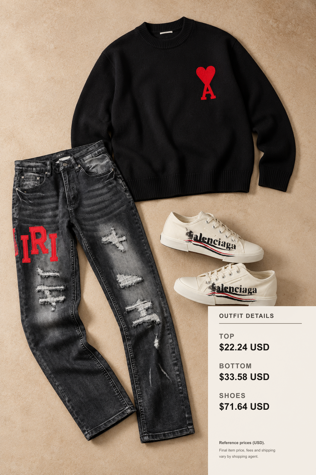 ami paris black heart-jacquard crewneck, black jeans, and white low-top canvas sneakers weekend styling