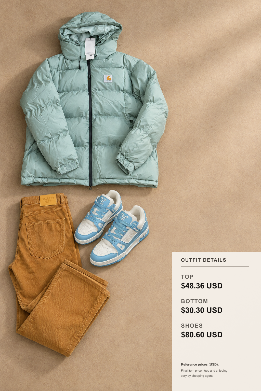 Carhartt WIP hooded puffer jacket, brown cargo pants, and blue-and-white trainer-style sneakers arranged as a winter outfit flat lay for fashionreps